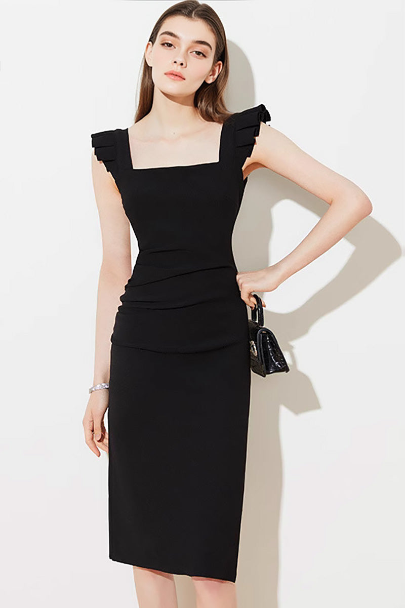 Square-Neck Midi Sheath Dress With Side Slit