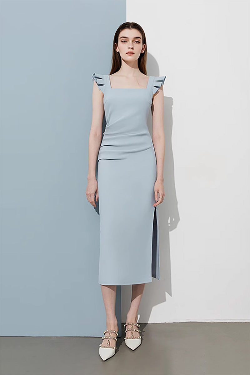 Square-Neck Midi Sheath Dress With Side Slit