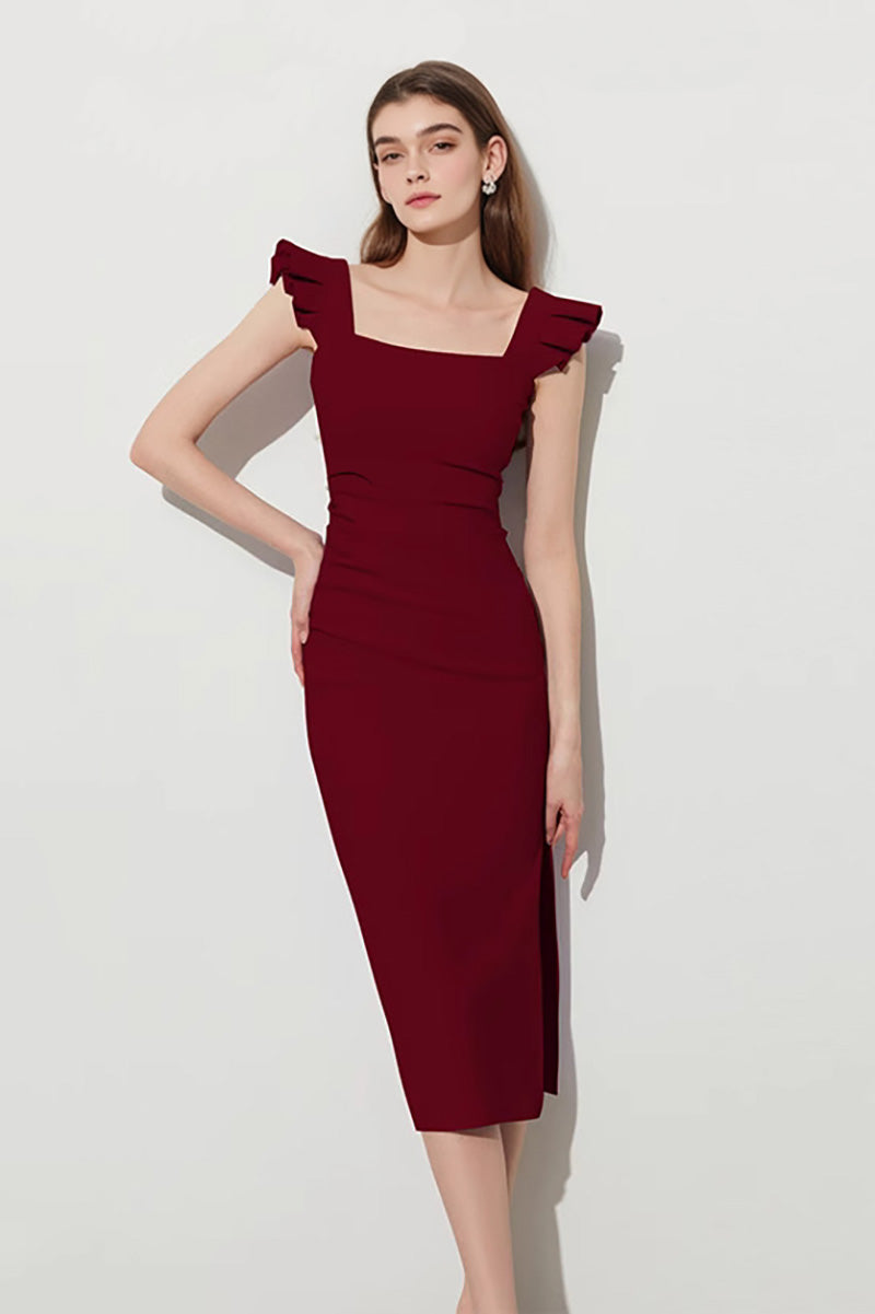 Square-Neck Midi Sheath Dress With Side Slit