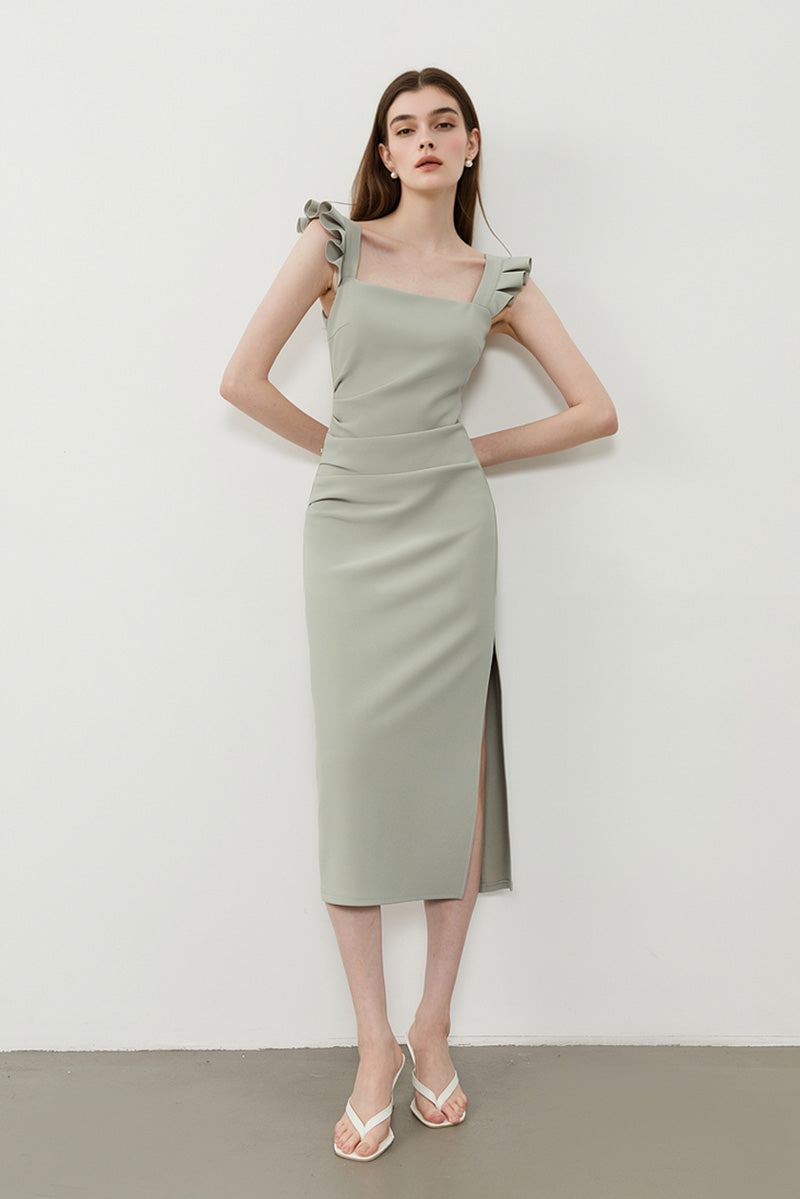 Square-Neck Midi Sheath Dress With Side Slit
