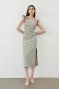 Square-Neck Midi Sheath Dress With Side Slit