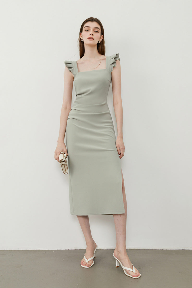 Square-Neck Midi Sheath Dress With Side Slit