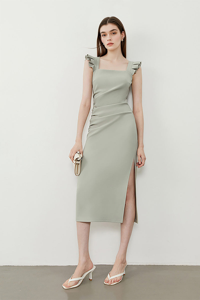 Square-Neck Midi Sheath Dress With Side Slit