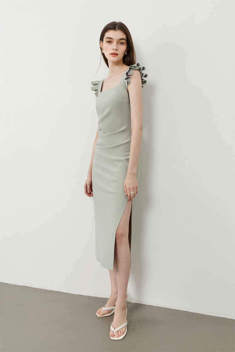 Square-Neck Midi Sheath Dress With Side Slit