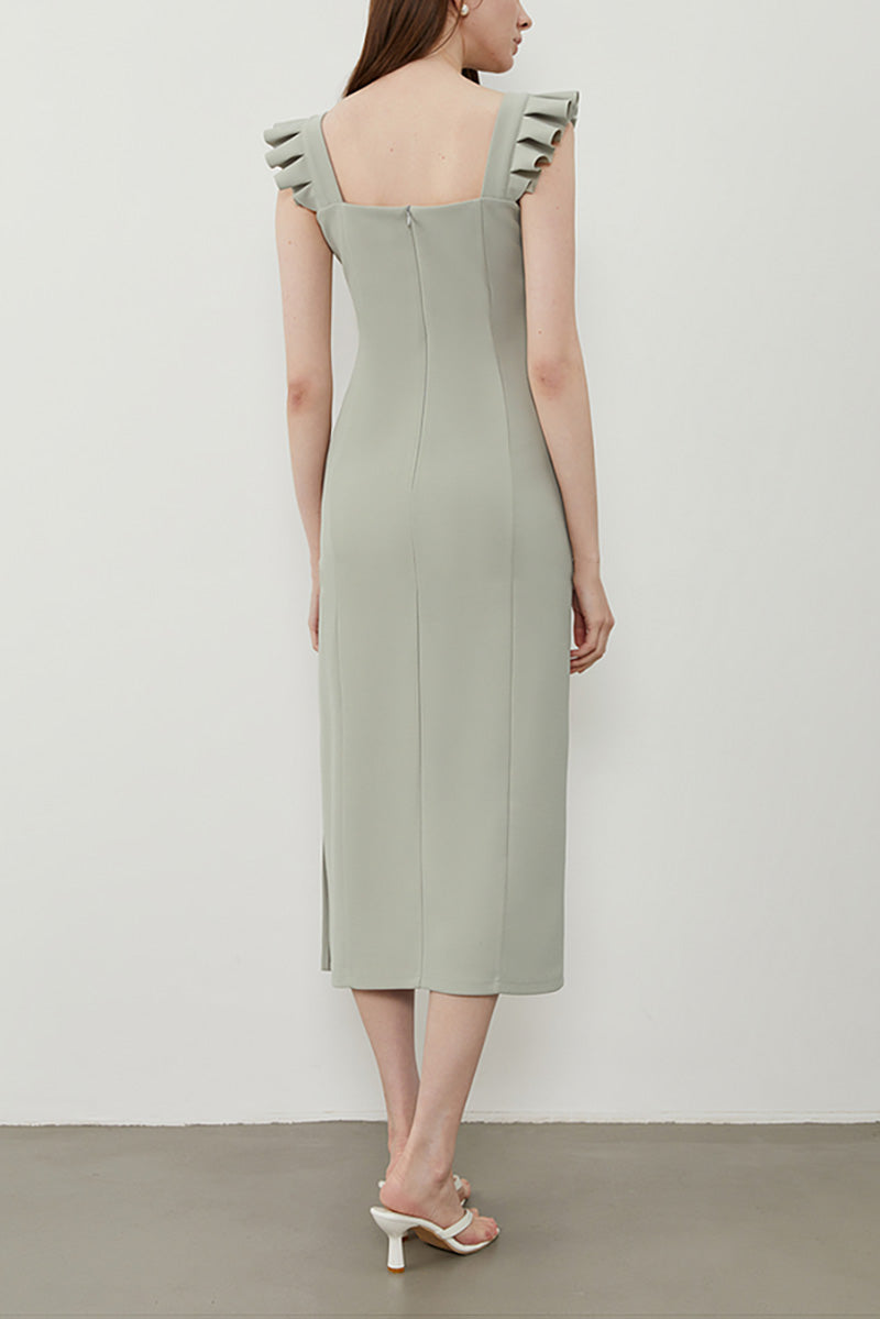 Square-Neck Midi Sheath Dress With Side Slit