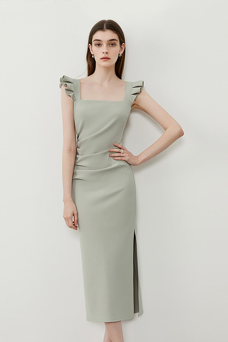 Square-Neck Midi Sheath Dress With Side Slit