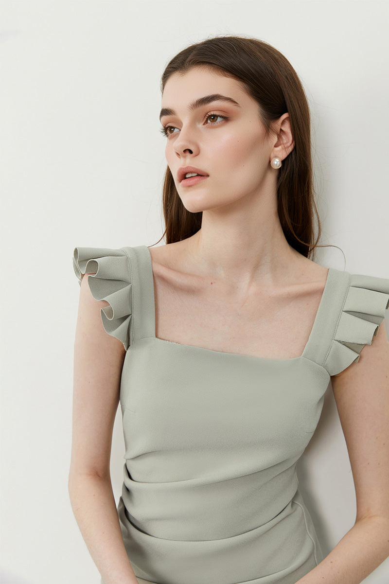 Square-Neck Midi Sheath Dress With Side Slit