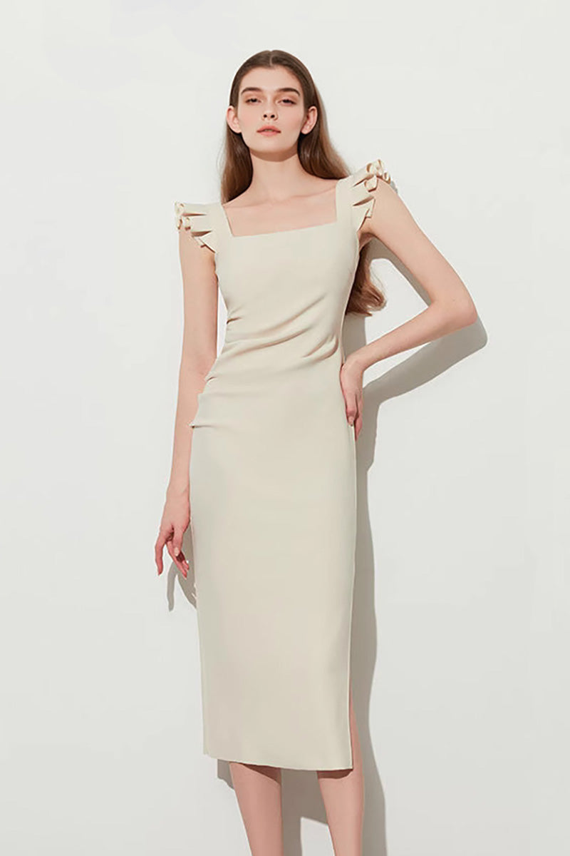 Square-Neck Midi Sheath Dress With Side Slit