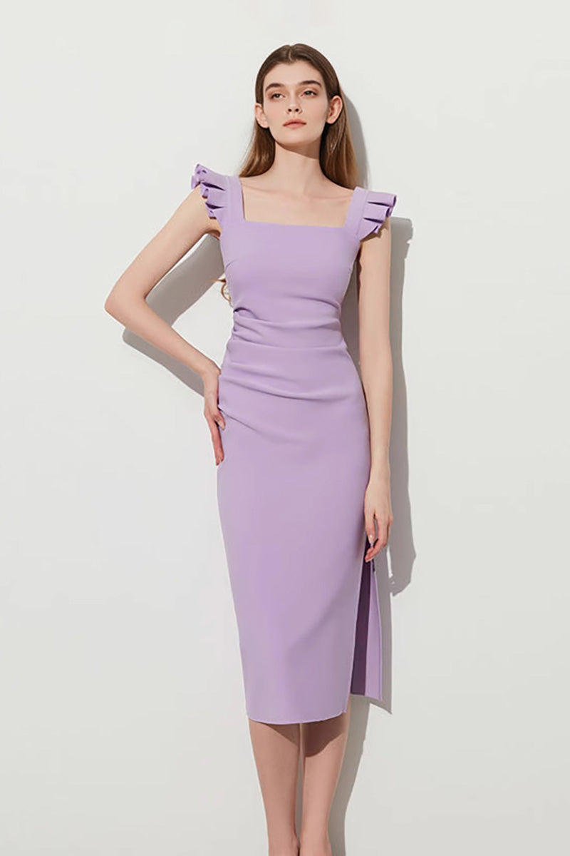 Square-Neck Midi Sheath Dress With Side Slit