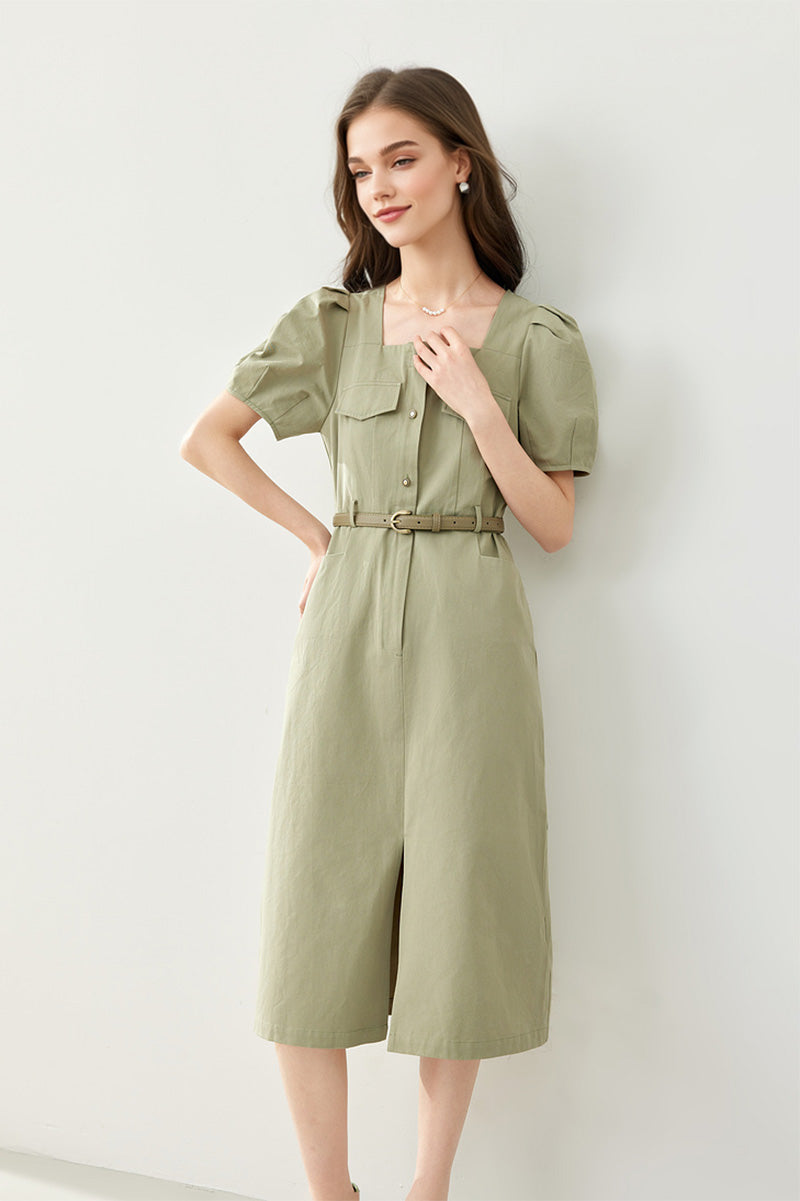 Sage Green Cargo Square-Neck Belted Midi Dress