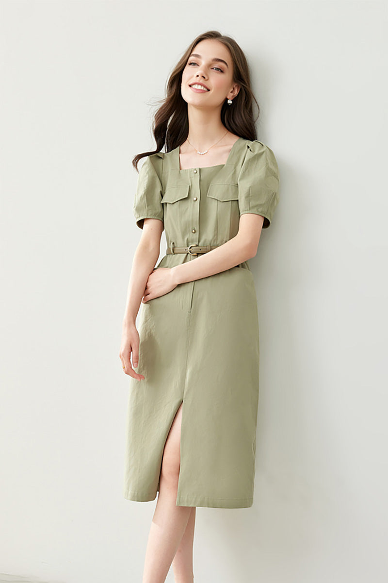 Sage Green Cargo Square-Neck Belted Midi Dress