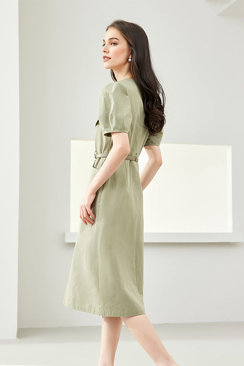 Sage Green Cargo Square-Neck Belted Midi Dress