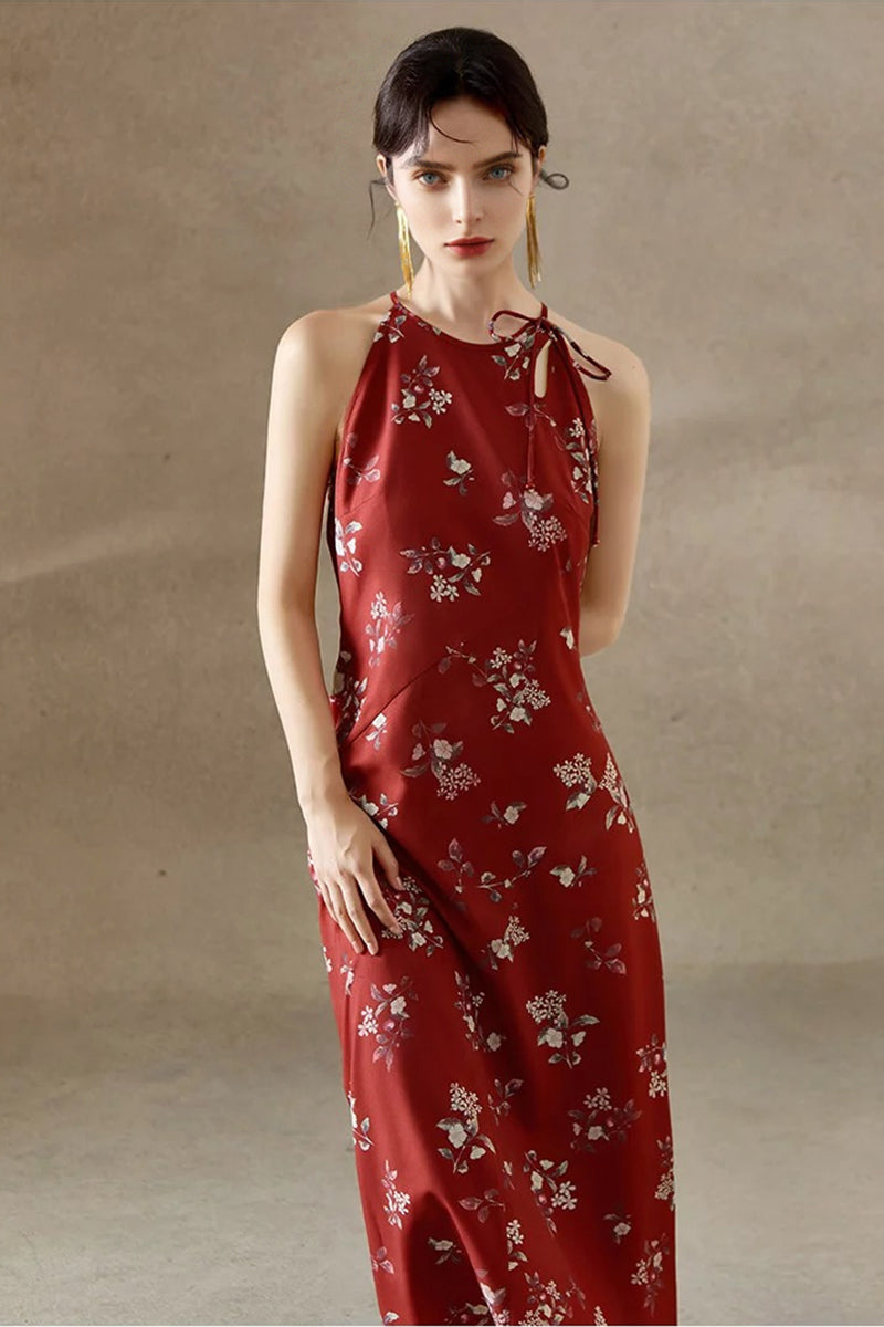 Sage Green Jacquard Halter Midi Dress with Shoulder Bow