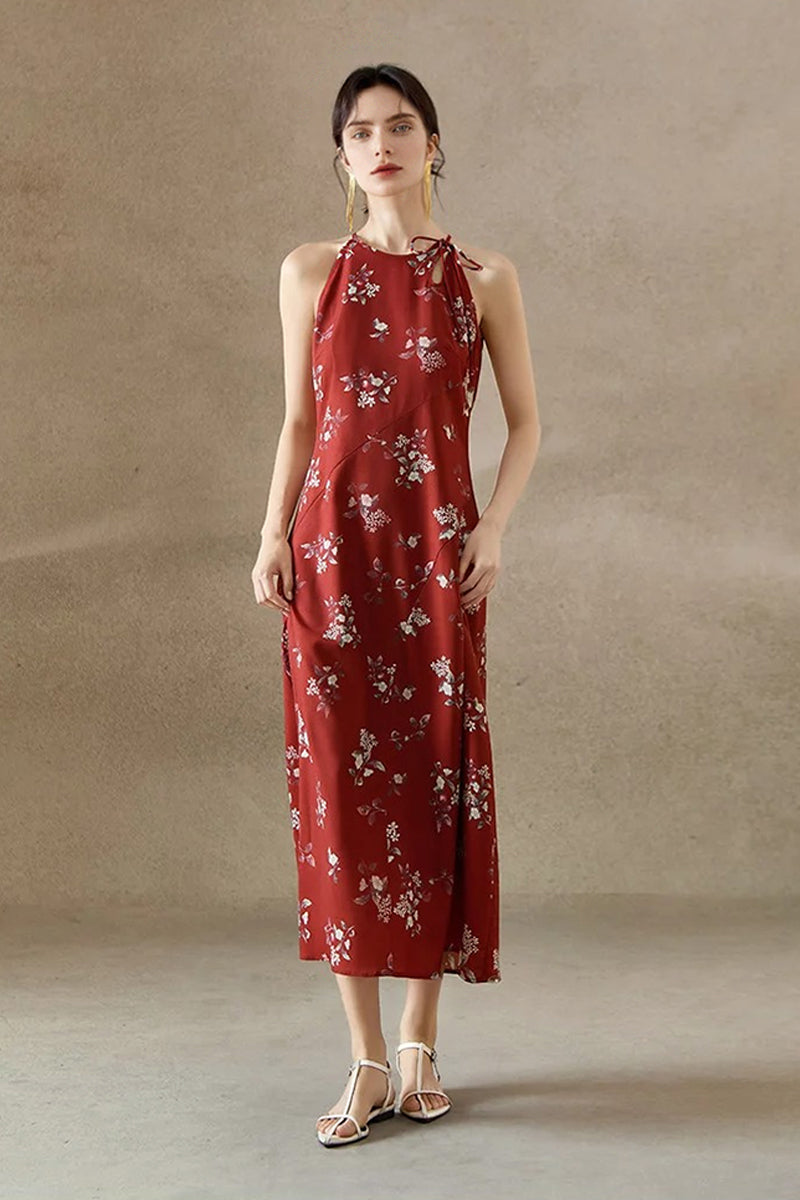 Sage Green Jacquard Halter Midi Dress with Shoulder Bow