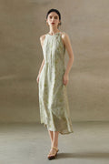 Sage Green Jacquard Halter Midi Dress with Shoulder Bow