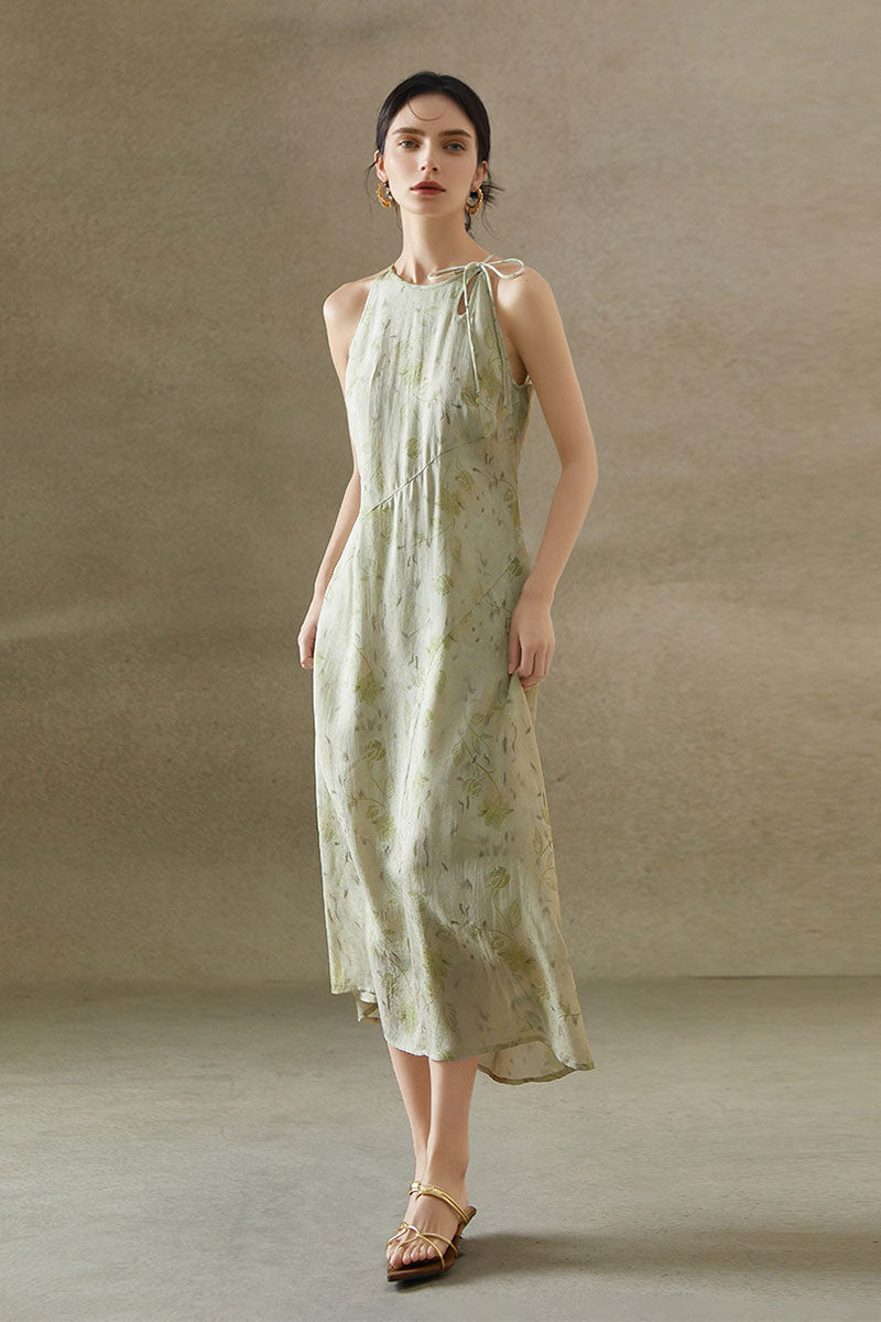 Sage Green Jacquard Halter Midi Dress with Shoulder Bow
