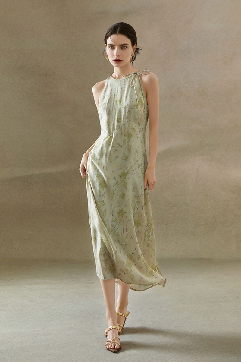Sage Green Jacquard Halter Midi Dress with Shoulder Bow