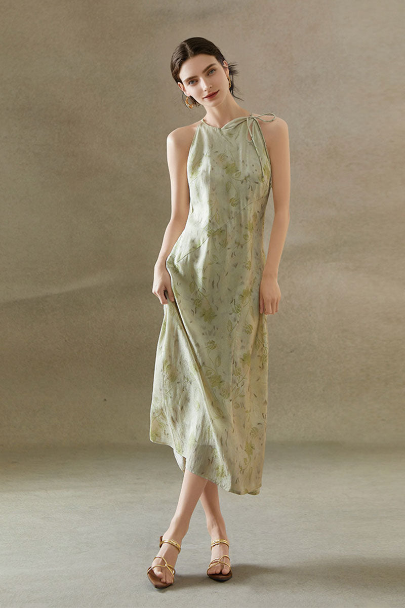Sage Green Jacquard Halter Midi Dress with Shoulder Bow