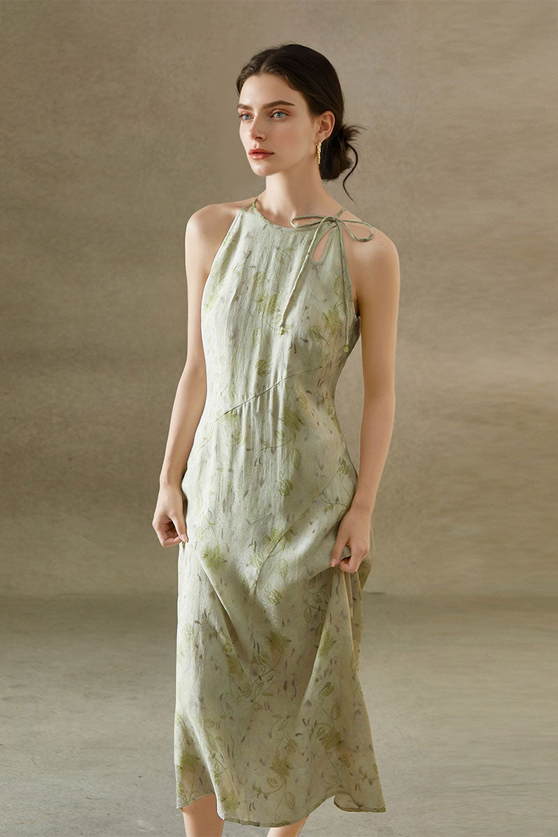 Sage Green Jacquard Halter Midi Dress with Shoulder Bow