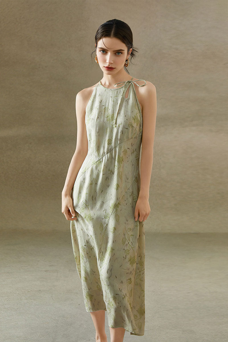 Sage Green Jacquard Halter Midi Dress with Shoulder Bow