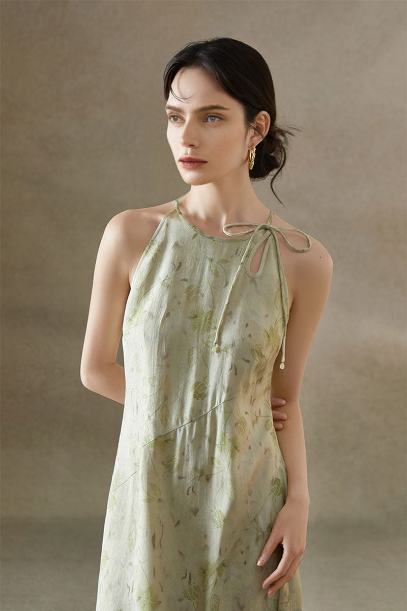 Sage Green Jacquard Halter Midi Dress with Shoulder Bow