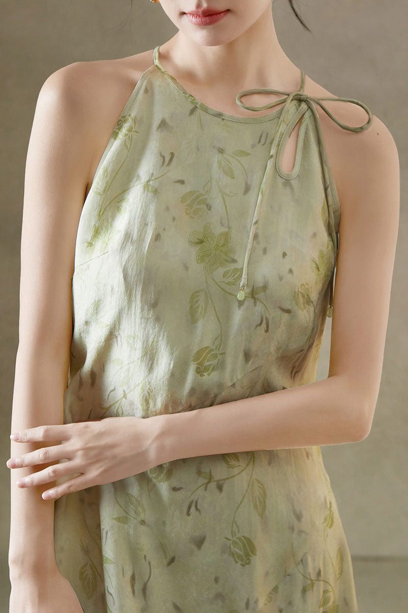Sage Green Jacquard Halter Midi Dress with Shoulder Bow