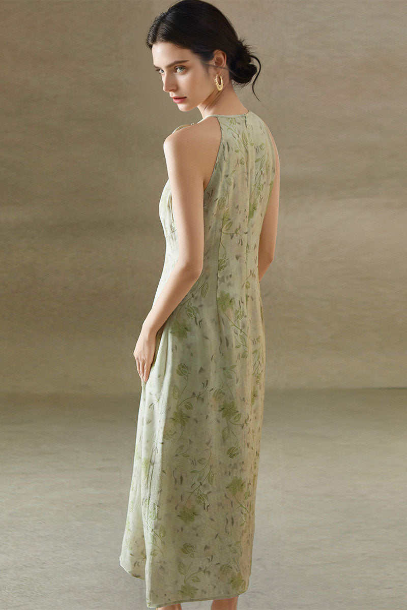 Sage Green Jacquard Halter Midi Dress with Shoulder Bow