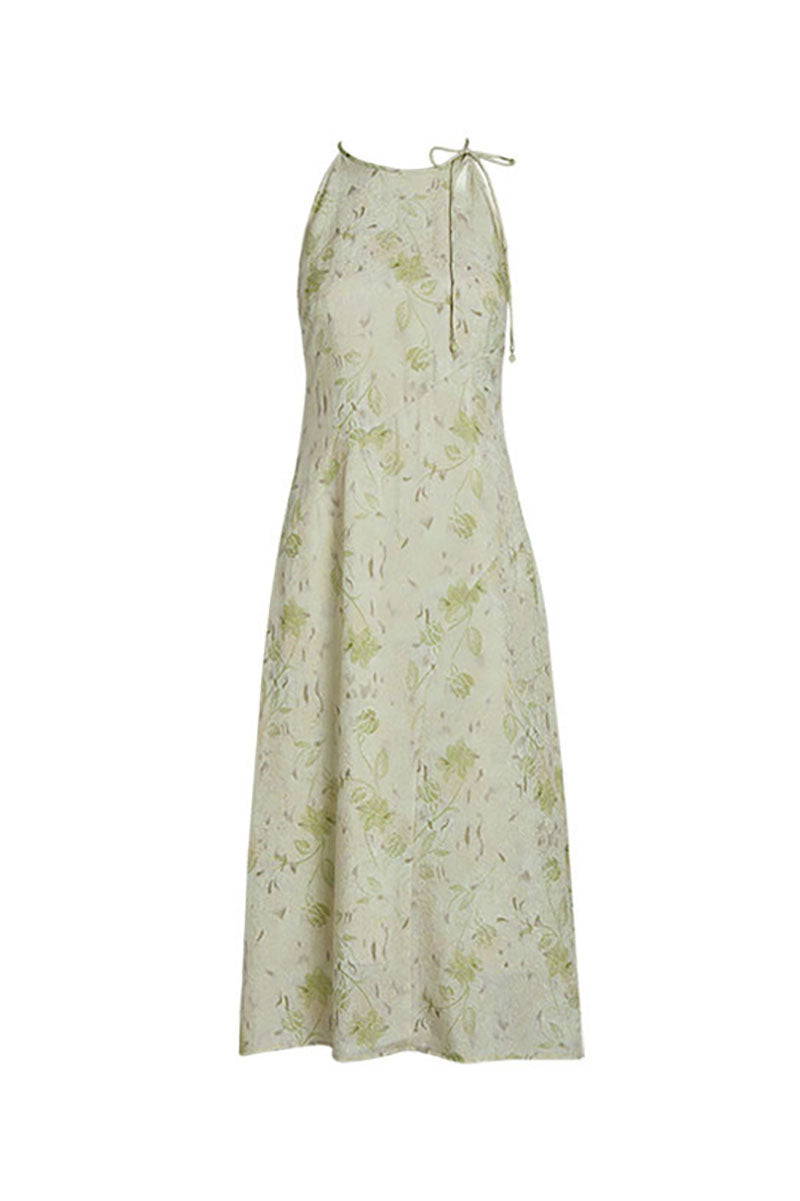 Sage Green Jacquard Halter Midi Dress with Shoulder Bow