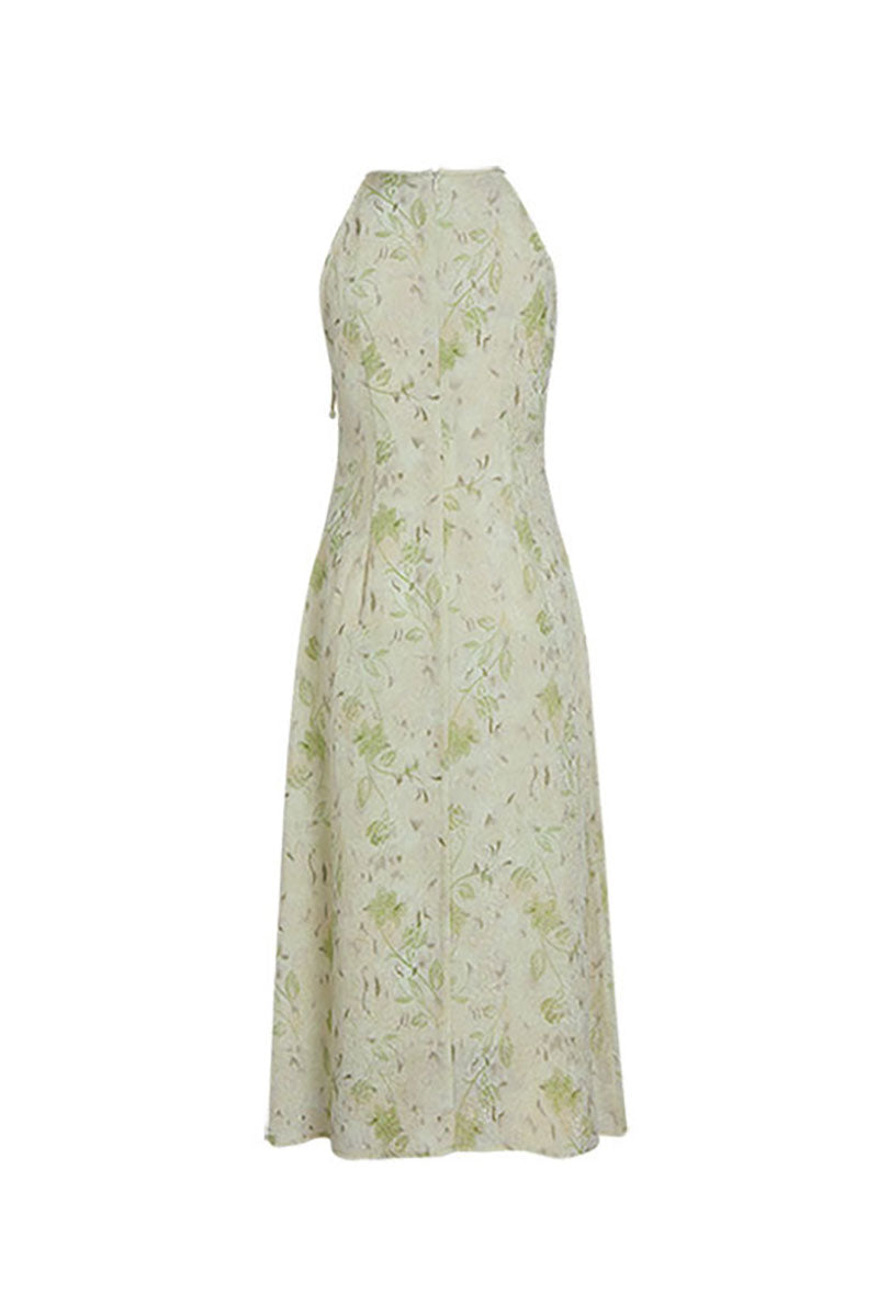 Sage Green Jacquard Halter Midi Dress with Shoulder Bow