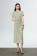 Sage Green Ruched-Waist T-Shirt Midi Dress
