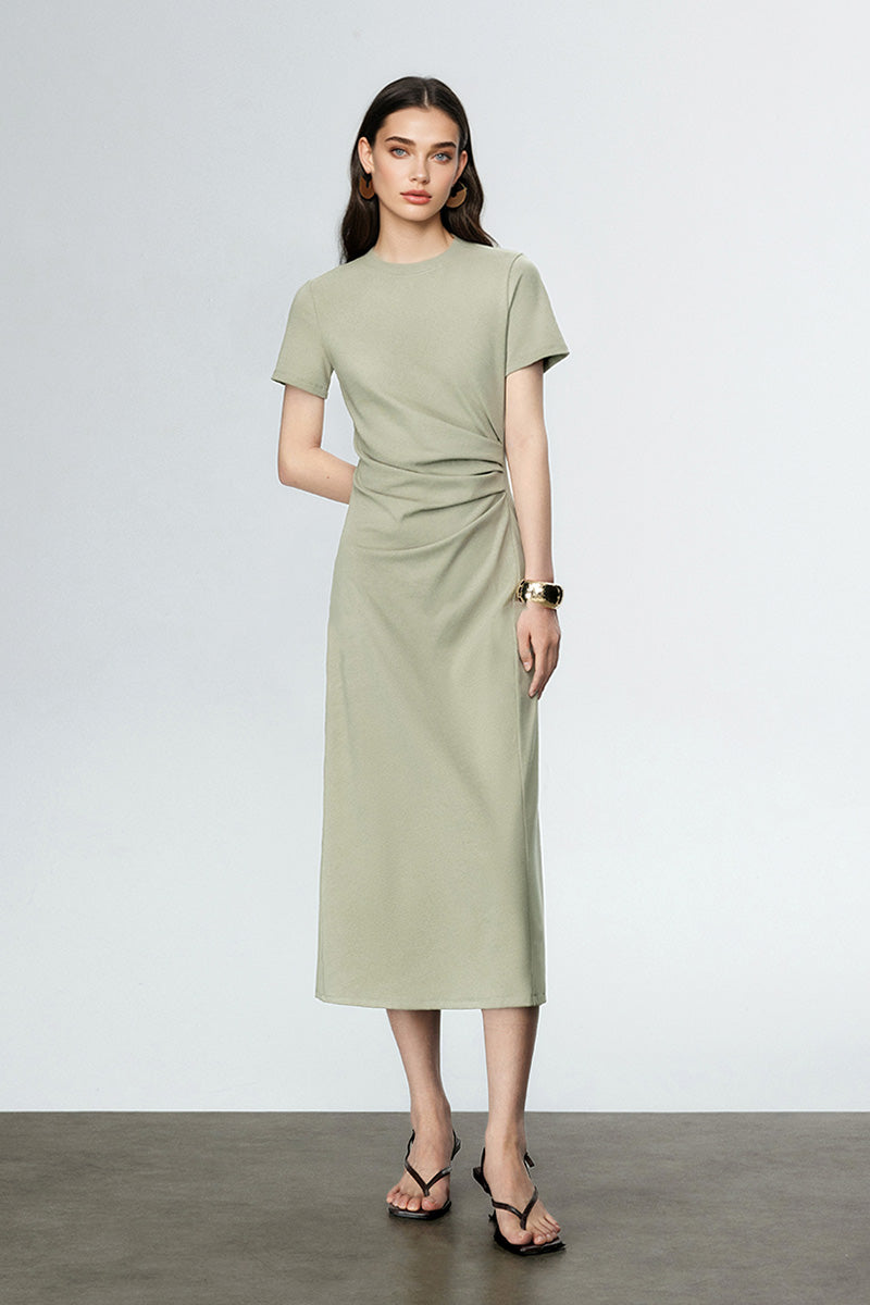 Sage Green Ruched-Waist T-Shirt Midi Dress