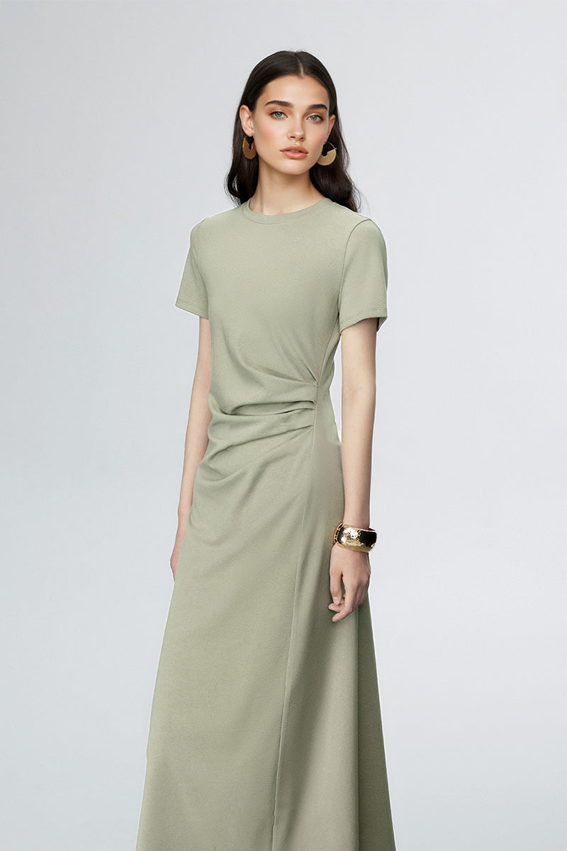 Sage Green Ruched-Waist T-Shirt Midi Dress