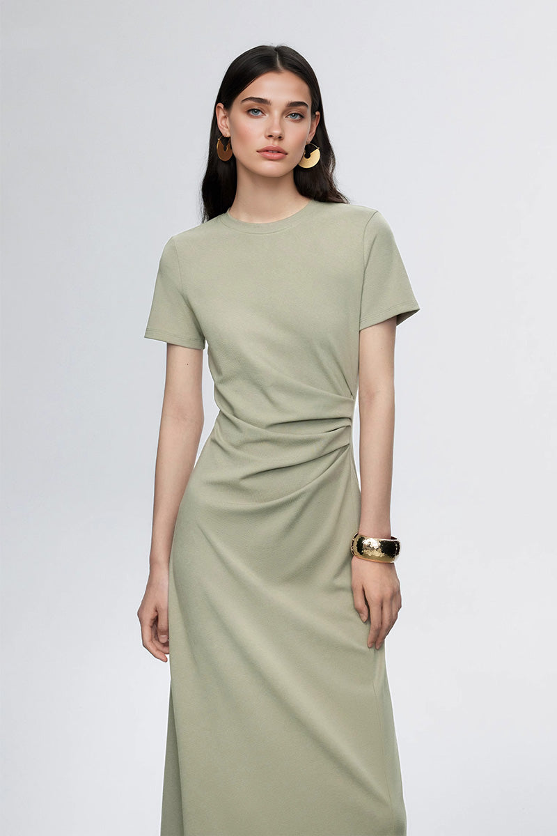 Sage Green Ruched-Waist T-Shirt Midi Dress