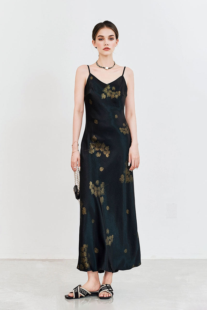 Satin Floral V-Neck Maxi Slip Dress