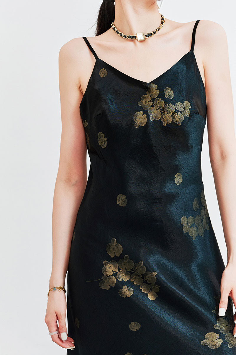 Satin Floral V-Neck Maxi Slip Dress