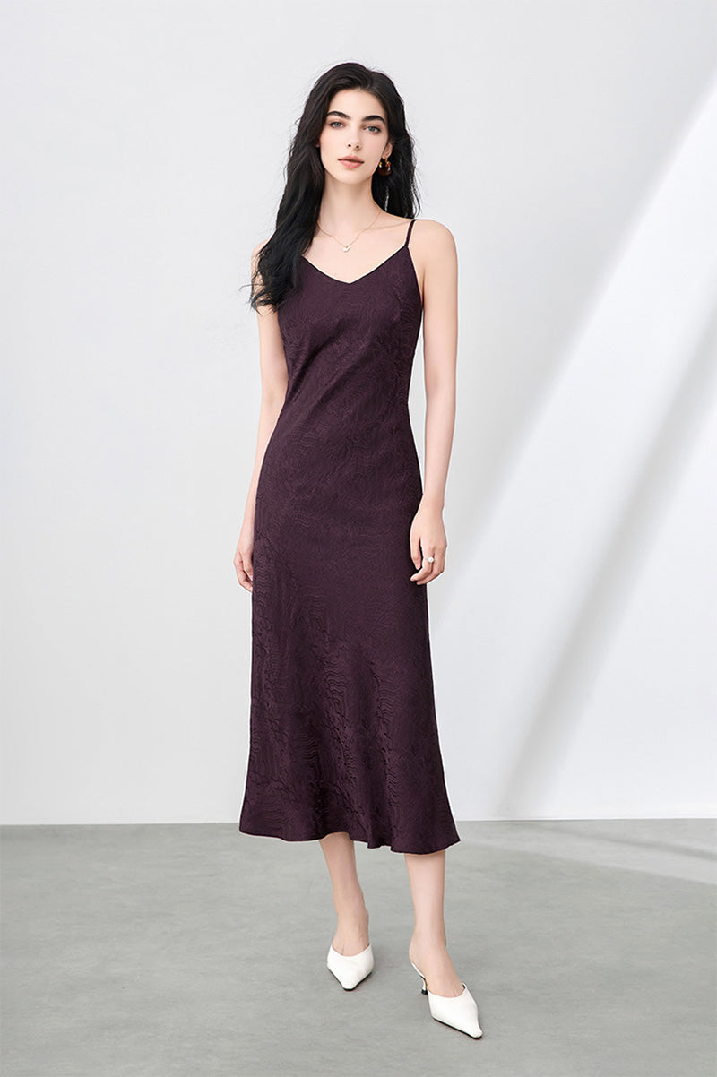 Satin Jacquard V-Neck Midi Slip Dress