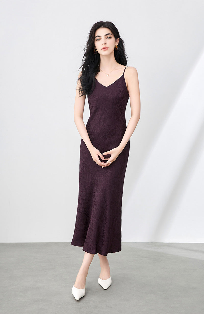 Satin Jacquard V-Neck Midi Slip Dress