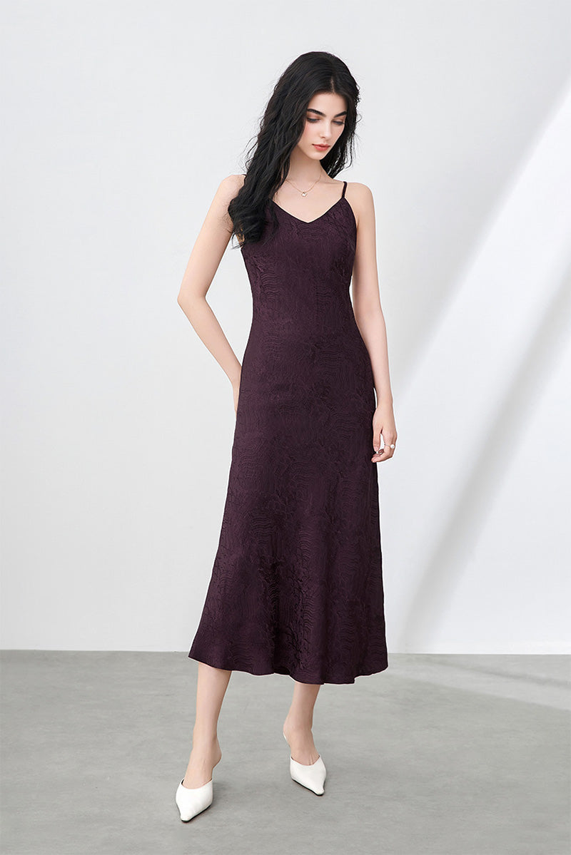 Satin Jacquard V-Neck Midi Slip Dress