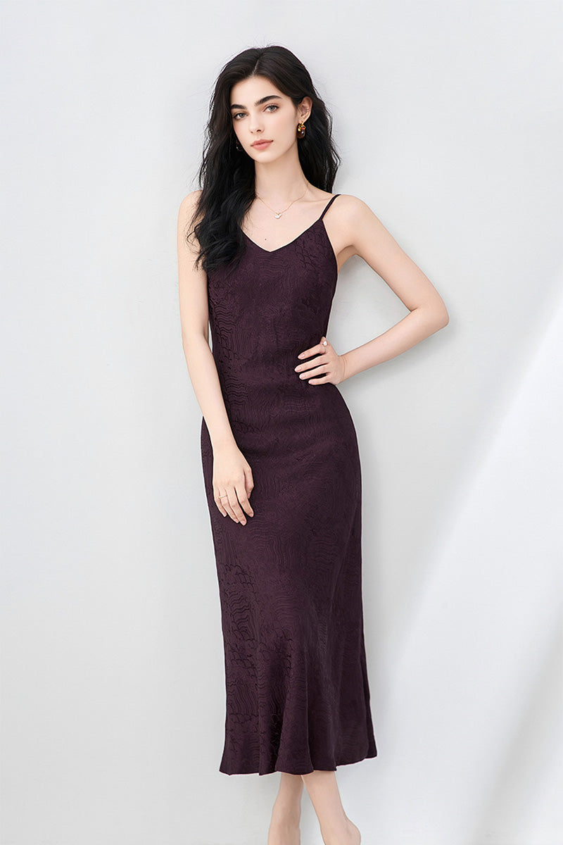 Satin Jacquard V-Neck Midi Slip Dress