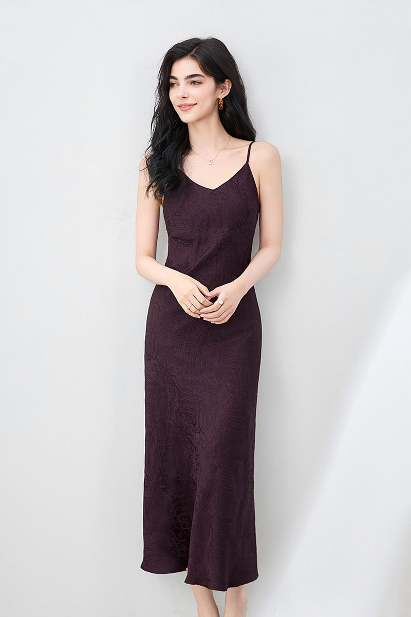 Satin Jacquard V-Neck Midi Slip Dress