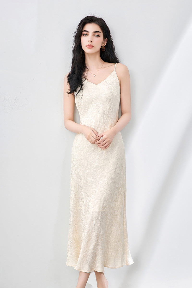 Satin Jacquard V-Neck Midi Slip Dress