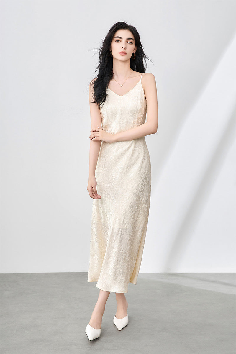 Satin Jacquard V-Neck Midi Slip Dress
