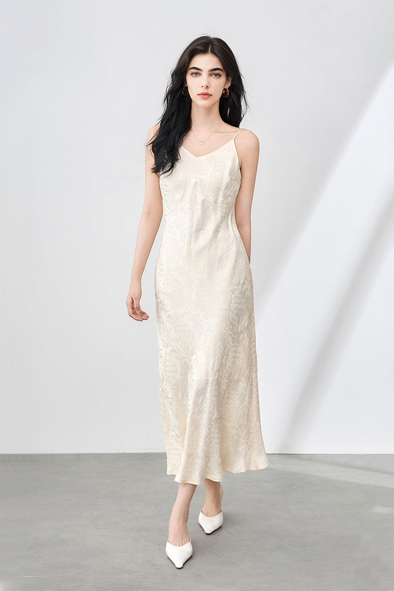Satin Jacquard V-Neck Midi Slip Dress