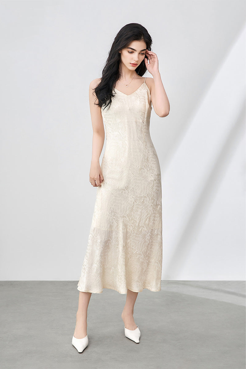 Satin Jacquard V-Neck Midi Slip Dress