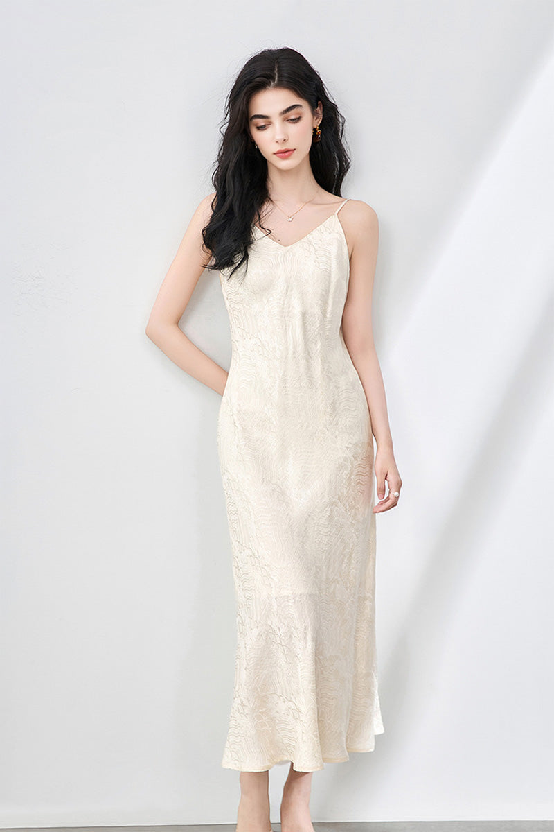 Satin Jacquard V-Neck Midi Slip Dress