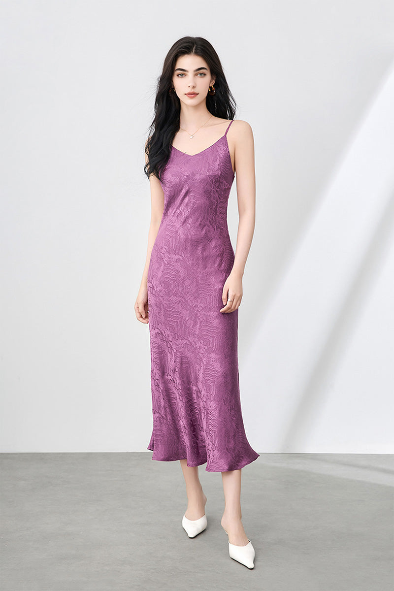 Satin Jacquard V-Neck Midi Slip Dress