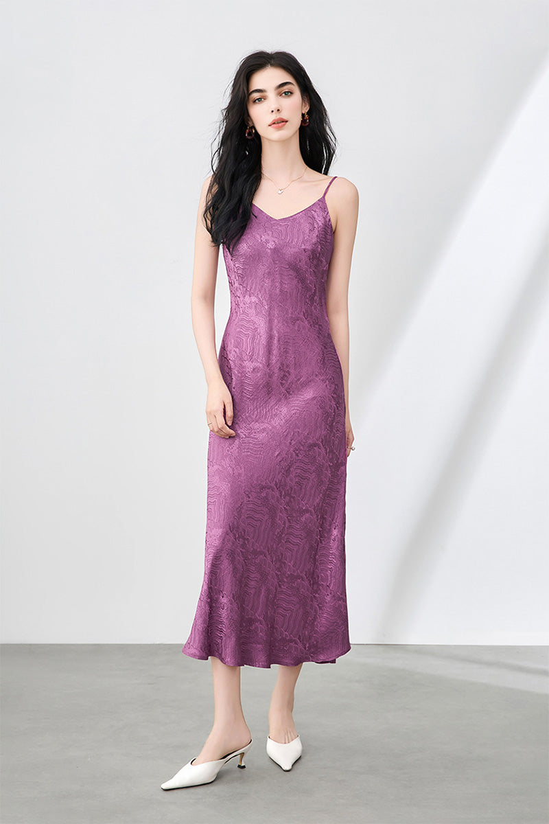 Satin Jacquard V-Neck Midi Slip Dress