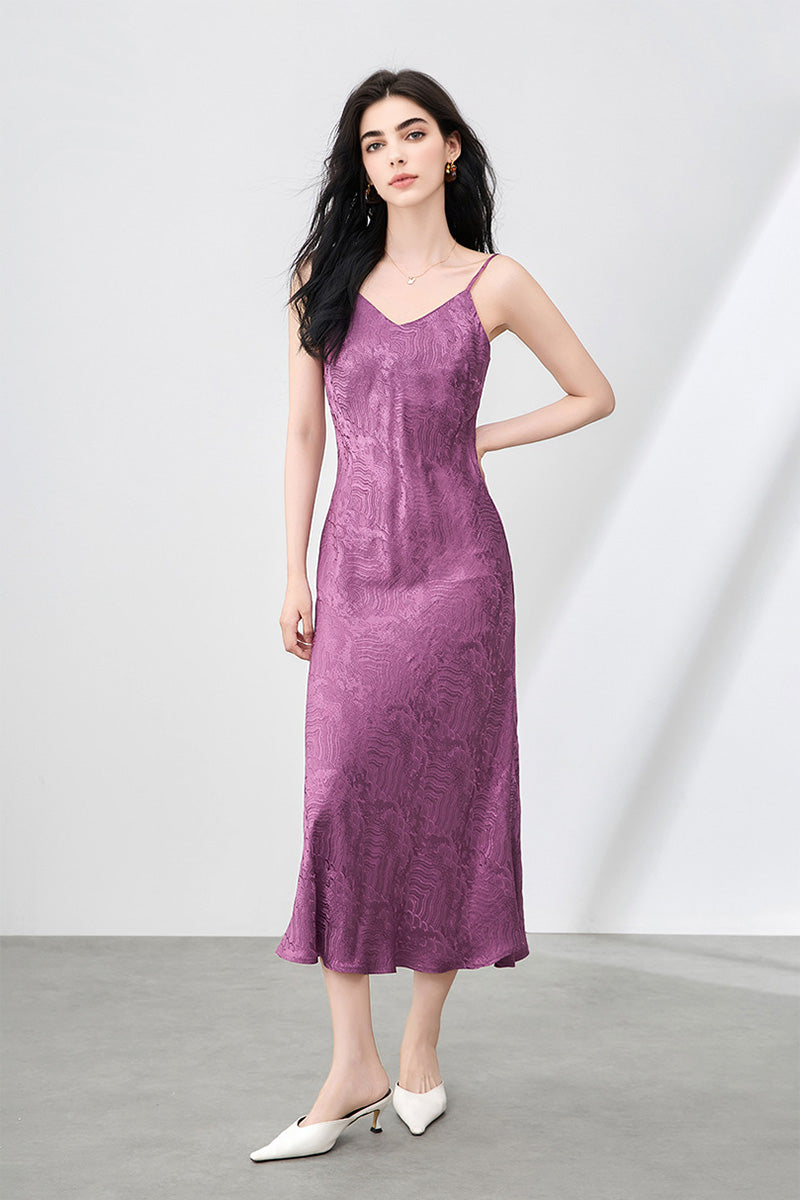 Satin Jacquard V-Neck Midi Slip Dress