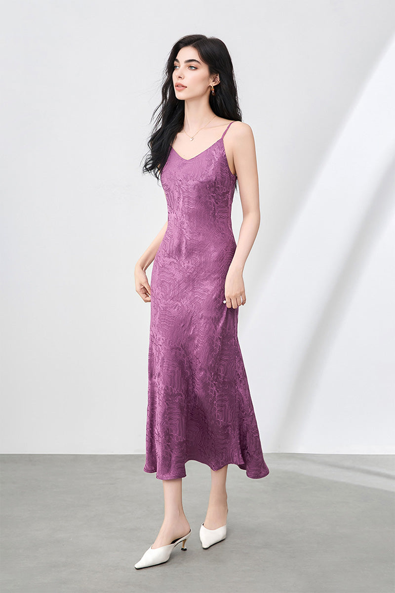Satin Jacquard V-Neck Midi Slip Dress