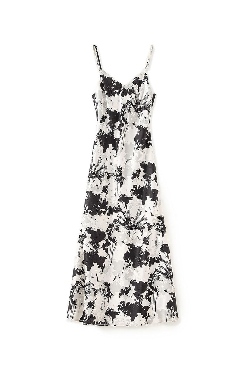 Satin Printed V-Neck Midi Slip Dress
